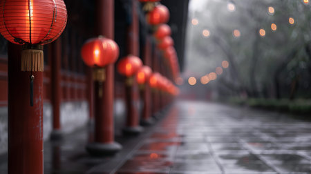 Red lanterns fill the courtyard of a temple as night falls. The wet ground reflects the light, drawing attention to the peaceful surroundings.の写真素材