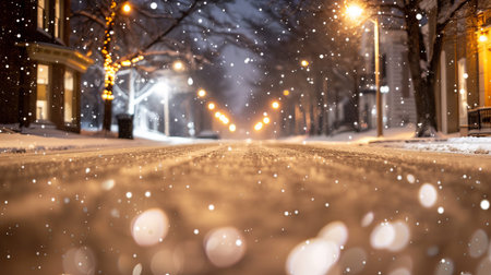 Snow falls gently on a street lined with warm lights and open storefronts, creating a cozy atmosphere for evening strolls in the cold.の写真素材