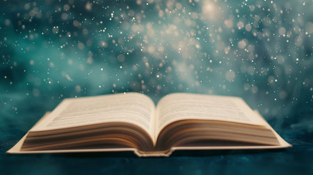 An open book displays its pages against a shimmering, starry background.の写真素材
