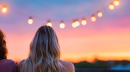 Two people sit on a rooftop and enjoy a sunset. String lights hang above as they watch the sky fill with colors. The moment captures friendship and nature's beauty.の素材