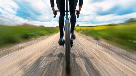 Group of friends cycling together on a countryside road surrounded by green fields under a clear sky during springtime. They enjoy outdoor activity and friendship.の素材
