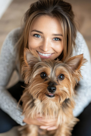 Sandra is enjoying time with her dog in a bright room. They have big smiles while sitting on the floor together. The atmosphere is joyful and warm.の素材