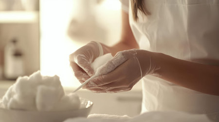 A woman in her late thirties works on beauty items in a well-lit space. She carefully handles cotton with gloves. The atmosphere is focused and tidy.の素材