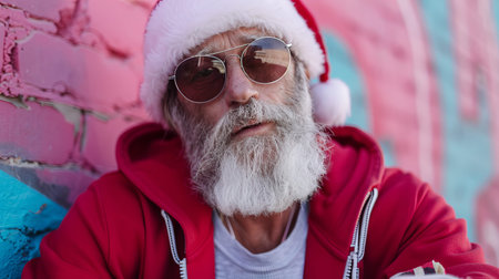 A man wearing a red hoodie and sunglasses stands against a bright wall. He has a Santa hat on and shows a calm expression while enjoying the city scene.の素材
