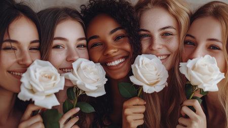 A group of five people stands together indoors, smiling and holding white roses. They enjoy each other's company and share a moment of happiness.の素材