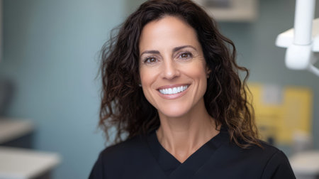 A dentist stands in her office smiling at the camera. She prepares for a patient visit while promoting dental care and health. The workplace is bright and inviting.の素材