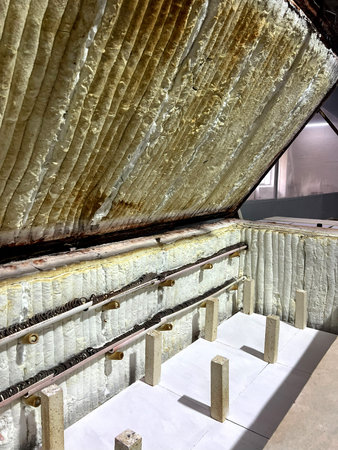 Clay pieces are placed in a kiln for firing, showcasing the heating elements and insulated interior...