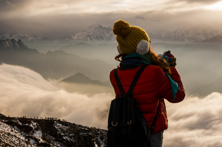 Back view of a tourist at the Niubei mountainの写真素材