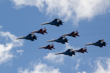 MOSCOW - MAY 5, 2015: warplanes fulfill aerobatics ready for the parade in honor of Victory Day