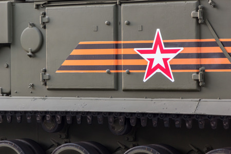 Moscow, Russia - May 4, 2015: military vehicles ride through Leningradsky Prospekt at rehearsal for the Victory Day paradeのeditorial素材