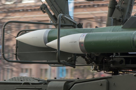 MOSCOW - MAY 4, 2015: Military vehicles on Leningradsky Prospekt in rehearsal for the Victory Day paradeのeditorial素材
