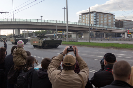 MOSCOW - MAY 4, 2015: Military vehicles on Leningradsky Prospekt in rehearsal for the Victory Day paradeのeditorial素材
