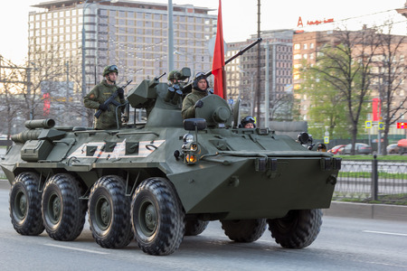 MOSCOW - MAY 4, 2015: Military vehicles on Leningradsky Prospekt in rehearsal for the Victory Day...