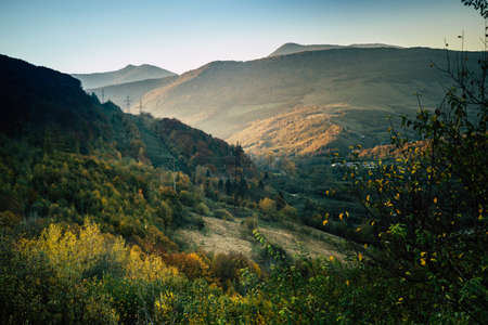 Mountains and autumn forest and blue skyの写真素材
