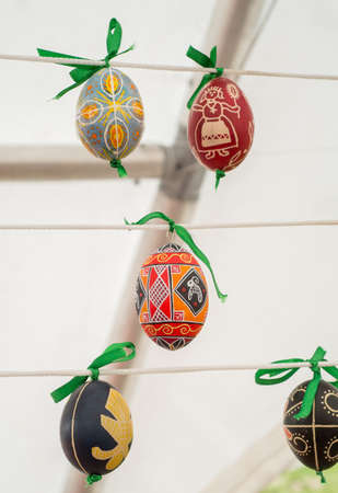 Painted colorful easter eggs on the stringの写真素材