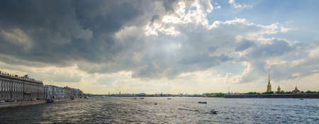 Panoramic landscape of Neva river in cloudy day in Saint-Petersburg, Russia.の写真素材
