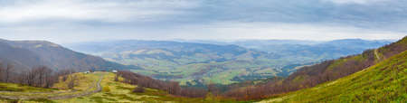 Colorful autumn mountain panorama. Wide view of Carpathians, Ukraine.の写真素材