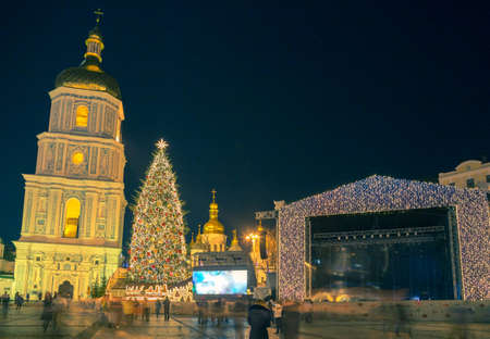 Christmas decorations in Kiev, Ukraine. St. Sophia square.のeditorial素材