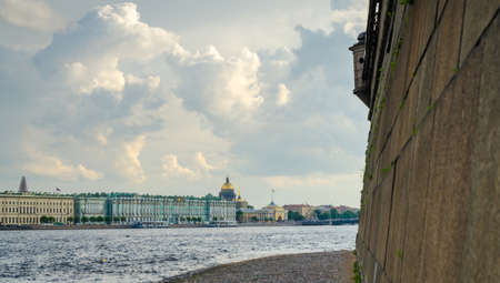 Landscape of Neva river in cloudy day in Saint-Petersburg, Russia.の写真素材