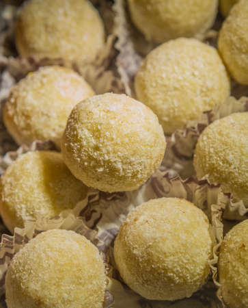 Round candies in coconut sprinkles. Coconut balls.の写真素材