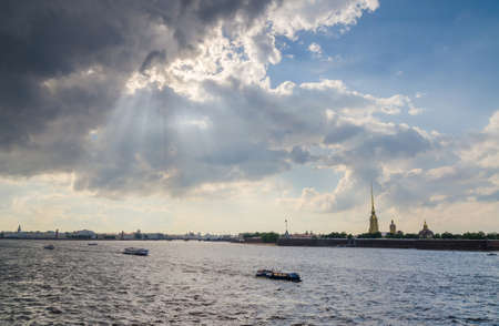Landscape of Neva river in cloudy day in Saint-Petersburg, Russia.の写真素材