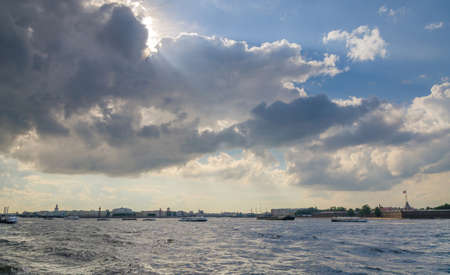 Landscape of Neva river in cloudy day in Saint-Petersburg, Russia.の写真素材