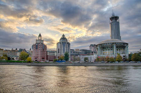 Moscow summer landscape with river and hall of musicのeditorial素材
