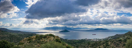 Landscape of mountains and sea on Aegina island, Greeceの写真素材