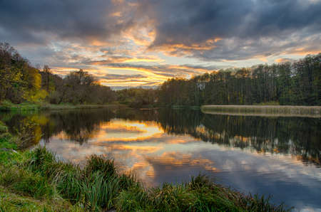 Sunset on the lake with forest with green grass in summerの写真素材
