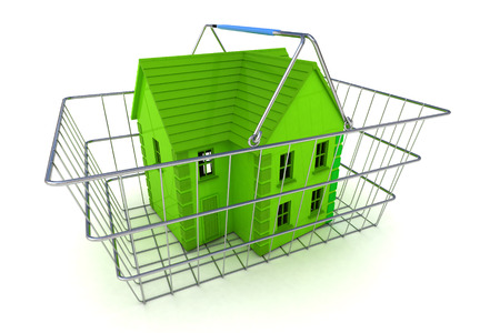 A Colourful 3d Rendered Buying a House Concept Illustration showing a green coloured house in a shopping basketの写真素材