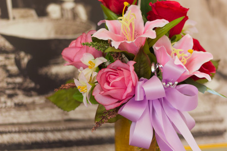 Bouquet of fabric roses in flower shop.の写真素材