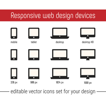 Responsive icon vector images. Flat responsive design icons vector. Responsive icon vector images set for website, app design. Responsive design icons vector set with mobile, tablet, desktop devicesのイラスト素材