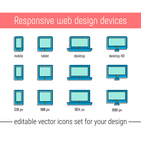 Responsive design icons set vector. Flat responsive design icons in memphis style. Vector responsive design icons set with mobile, tablet, desktop devices. Responsive design icons for website, ad, app.のイラスト素材