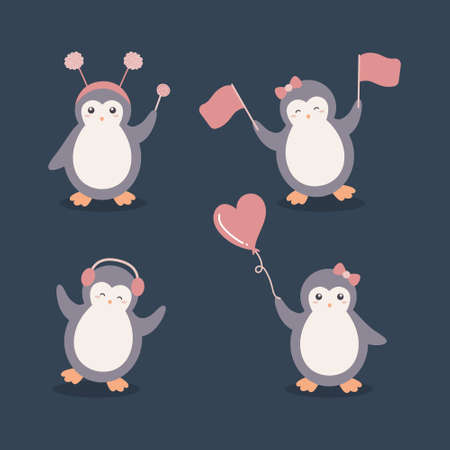 Cute Penguin Playing Various Poses Cartoon Character Setのイラスト素材
