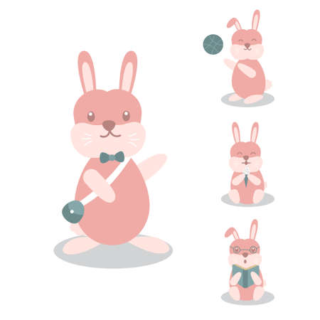 Rabbit Bunny Hare Playing Various Poses Cartoon Character Setのイラスト素材