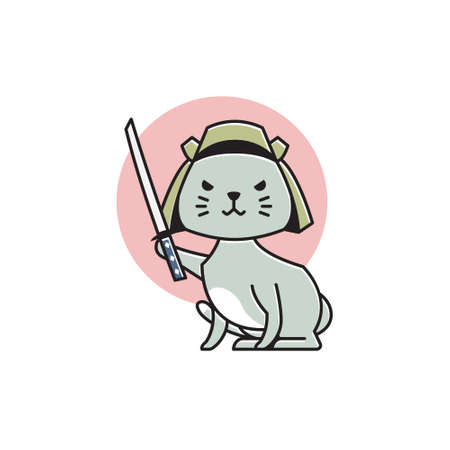 Cute Cat Japanese Samurai Costume Japan Flat Cartoon Illustrationのイラスト素材