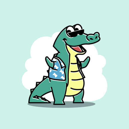 Crocodile Alligator Summer Picnic Funny Cute Character Cartoon Mascotのイラスト素材