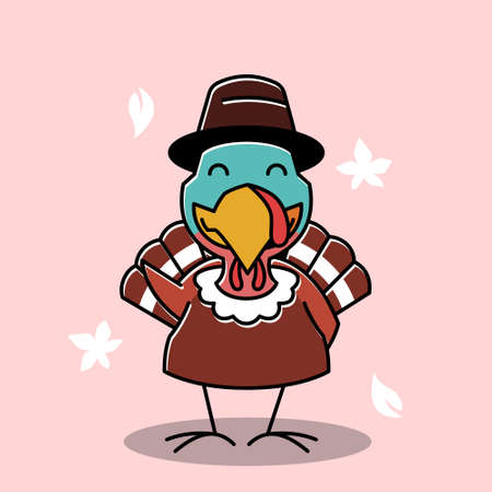 Turkey Bird Rooster Hat Smiling Autumn Fall Thanksgiving Character Cartoonのイラスト素材