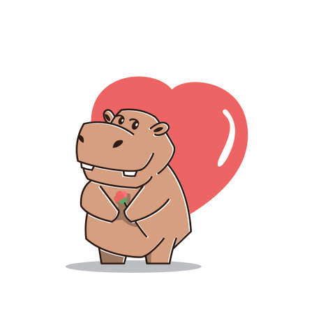 Cute Big Hippo Hippopotamus in Love Heart Flower Mascot Character Cartoonのイラスト素材