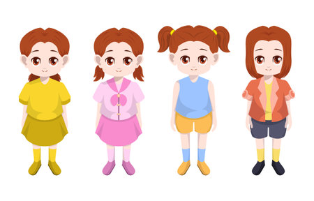 Little Girl Child Kid Standing Clothes Hair Front Vector Cartoon Setのイラスト素材