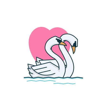 Adorable Two Swan Goose Couple Duck Swim Vector Cartoonのイラスト素材