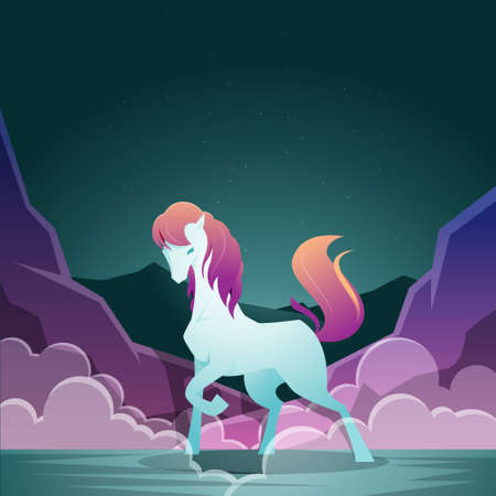 Beautiful Long Hair Horse Mare Standing in Foggy Valley Night Fantasy Illustrationのイラスト素材