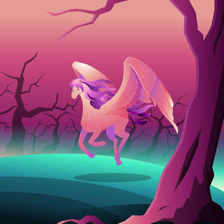 Beautiful Pegasus Winged Horse Fly Landing on Dark Forest Epic Illustrationのイラスト素材