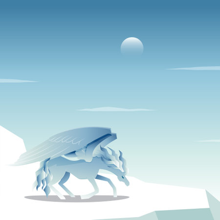 Beautiful Pegasus Winged Horse Kneel on Frozen Ice Snow Cool Epic Illustrationのイラスト素材