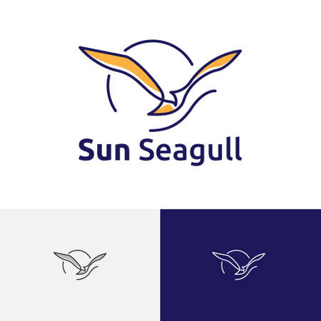 Sun Seagull Bird Flying Sea Beach Bay Nature line Logoのイラスト素材