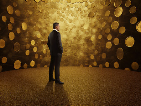 businessman standing in front of golden bokeh lights on stageの素材