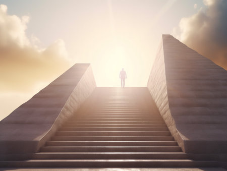 Conceptual image of a man walking up a stairway to successの素材