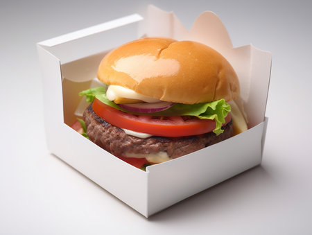 Delicious hamburger in a box on a white background, isolateの素材