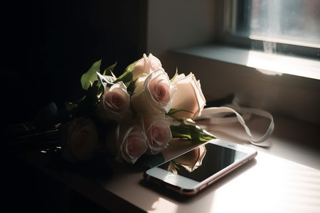 Beautiful Flower Rose Bouquet with Mobile Phone on Table exposed to Sunlight from Windowの素材