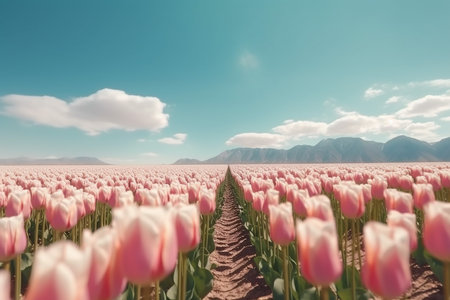 Beautiful View Fields of Cotton Candy Pink Tulip Flower Spring Blossom with Mountain Backgroundの素材